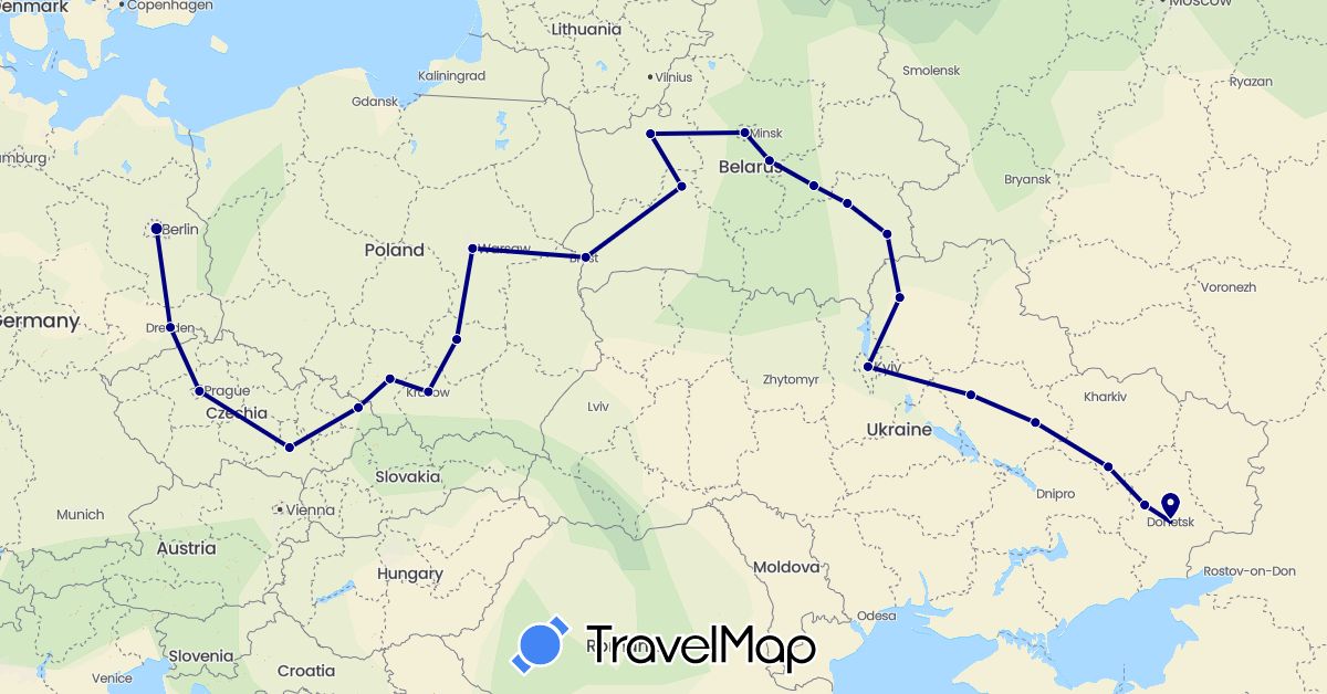 TravelMap itinerary: driving in Belarus, Czech Republic, Germany, Poland, Ukraine (Europe)